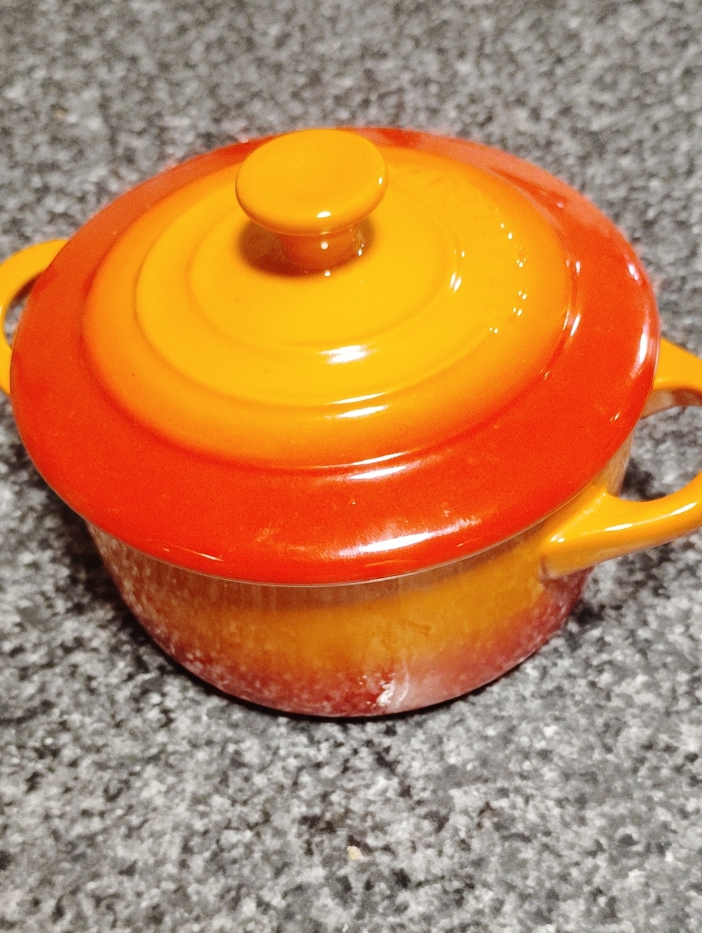 Le Creuset Small Enamel Cast Iron Casserole in Orange and Yellow